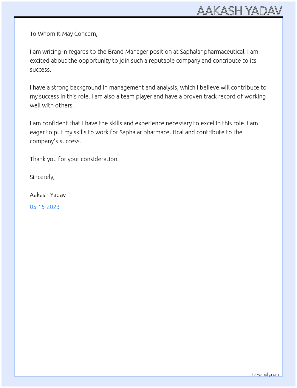 Brand manager  At Saphalar pharmaceutical  Cover Letter