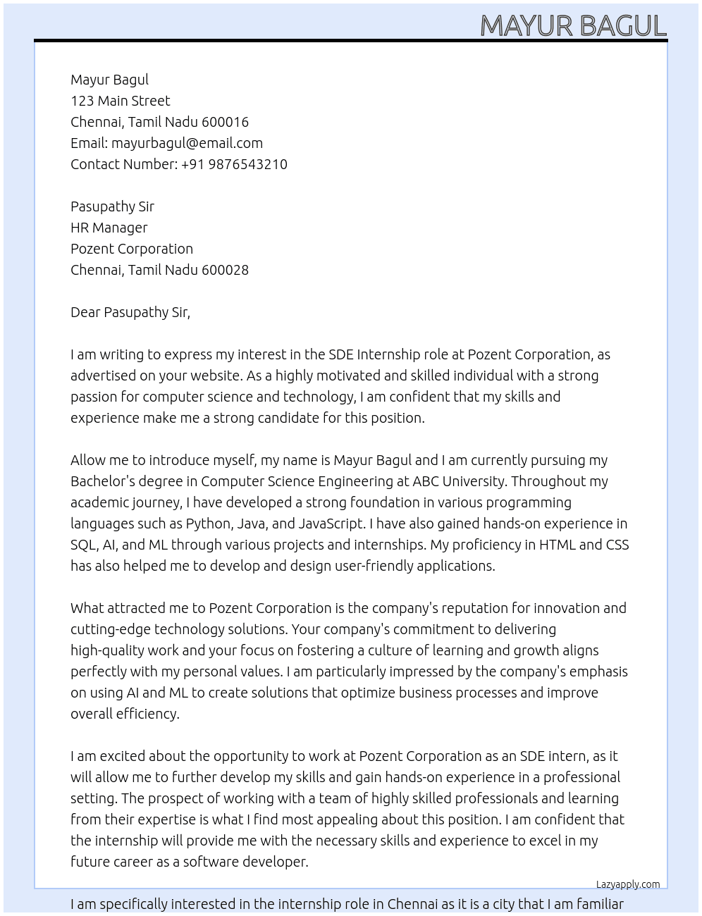 SDE At Pozent Corporation Cover Letter