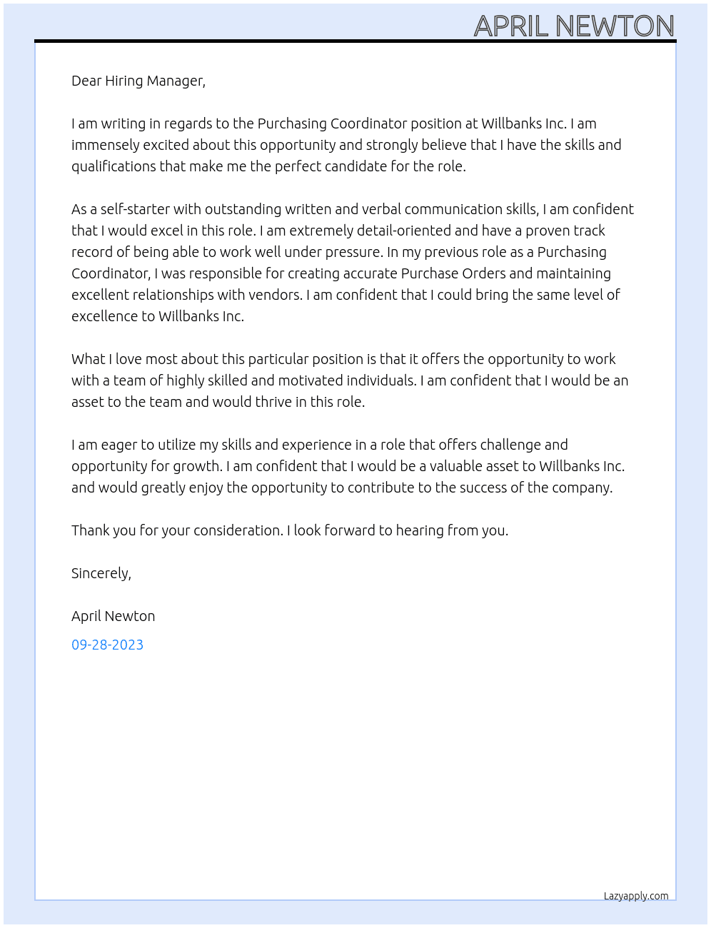 Purchasing Coordinator At Willbanks Inc. Cover Letter