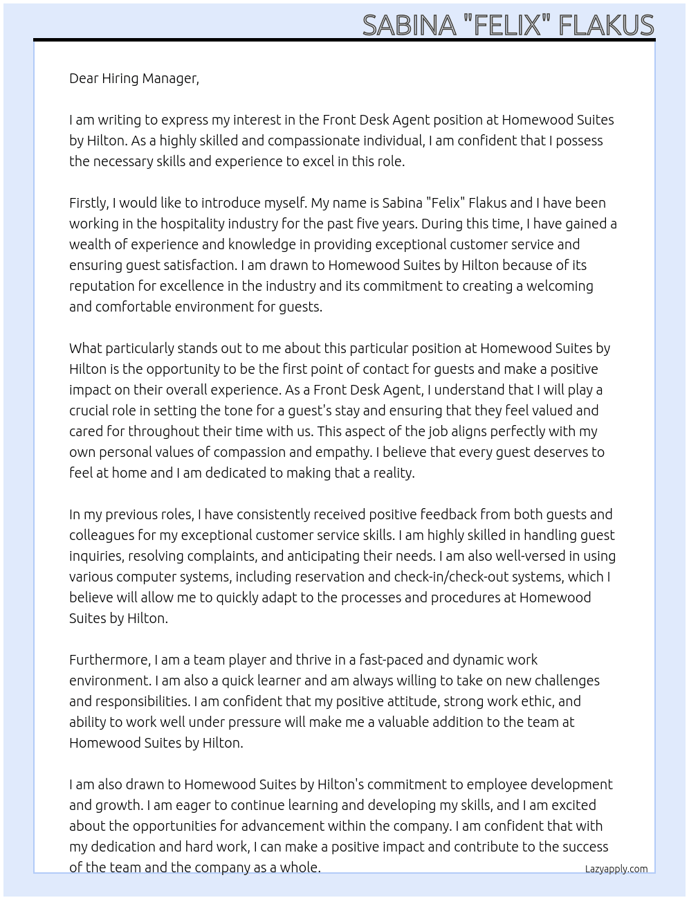 Front Desk Agent At Homewood Suites by Hilton Cover Letter