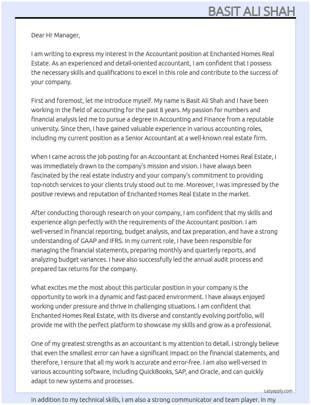Accountant At Enchanted Homes Real Estate Cover Letter