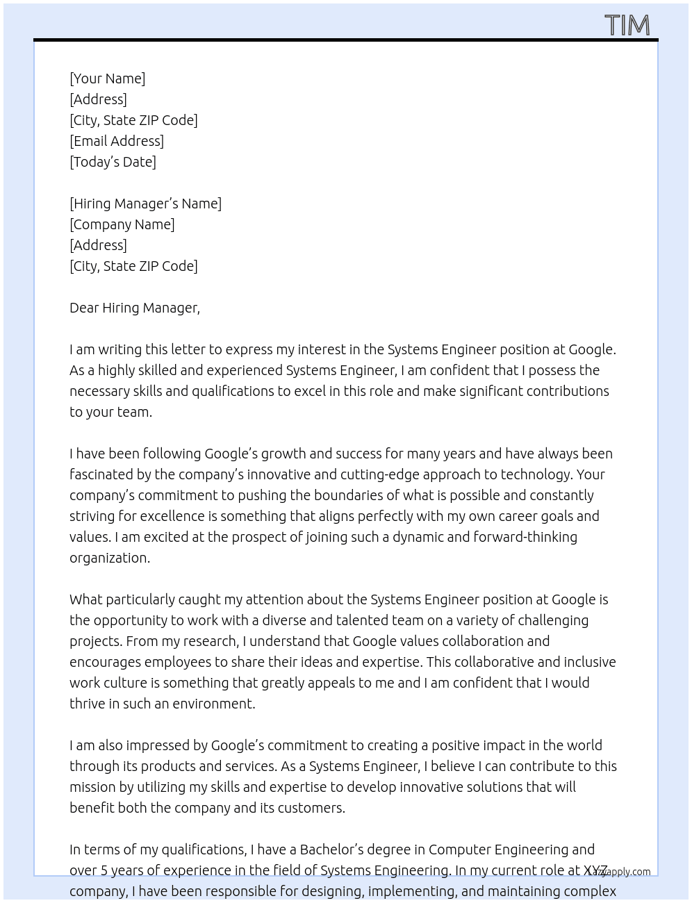 Systems Engineer At Google Cover Letter