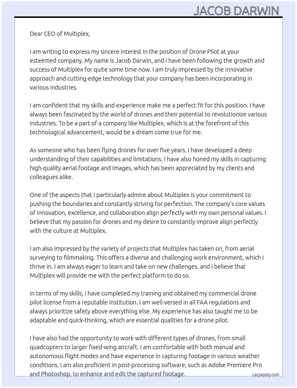 Drone pilot  At Multiplex Cover Letter