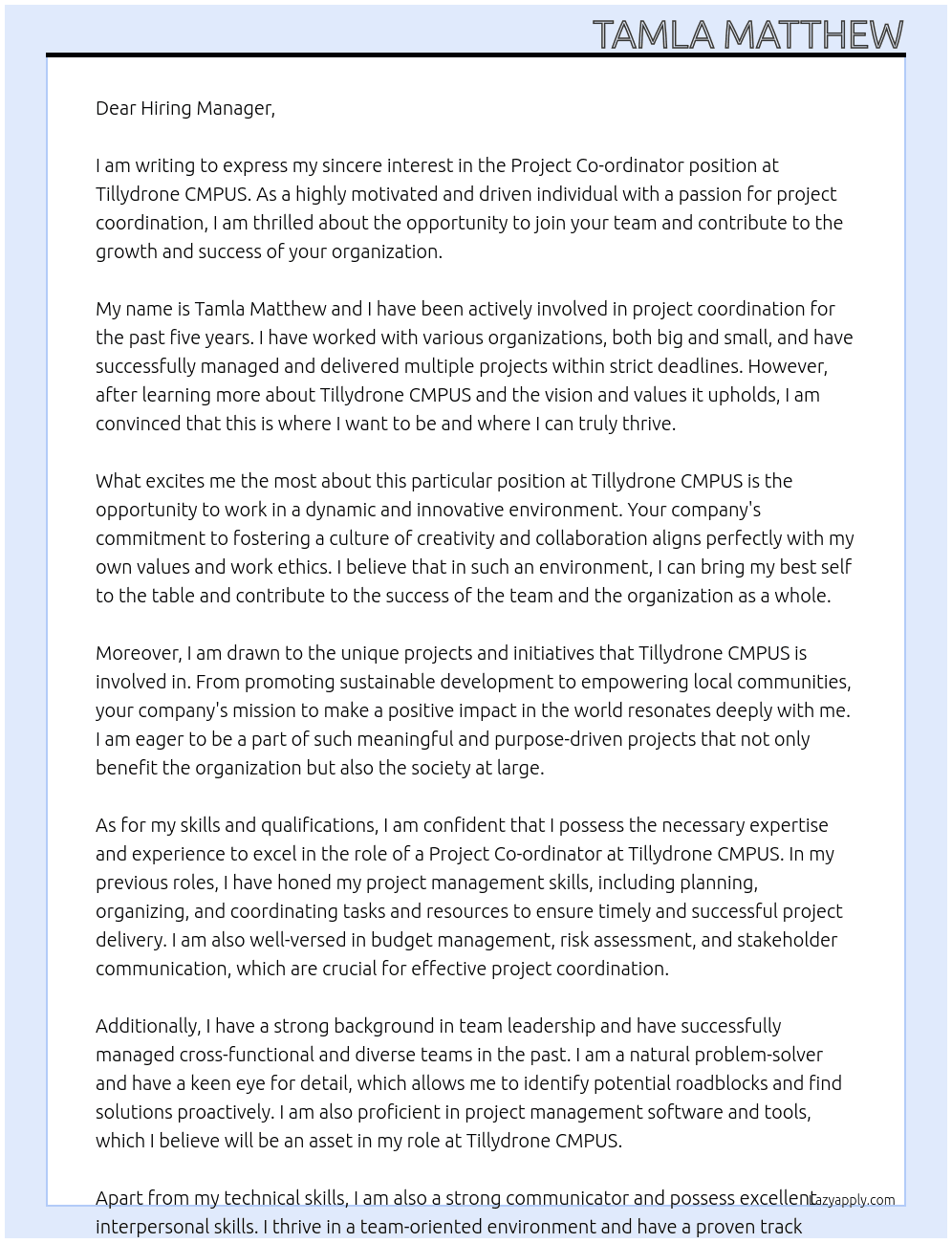Project Co-ordinator At Tillydrone CMPUS Cover Letter