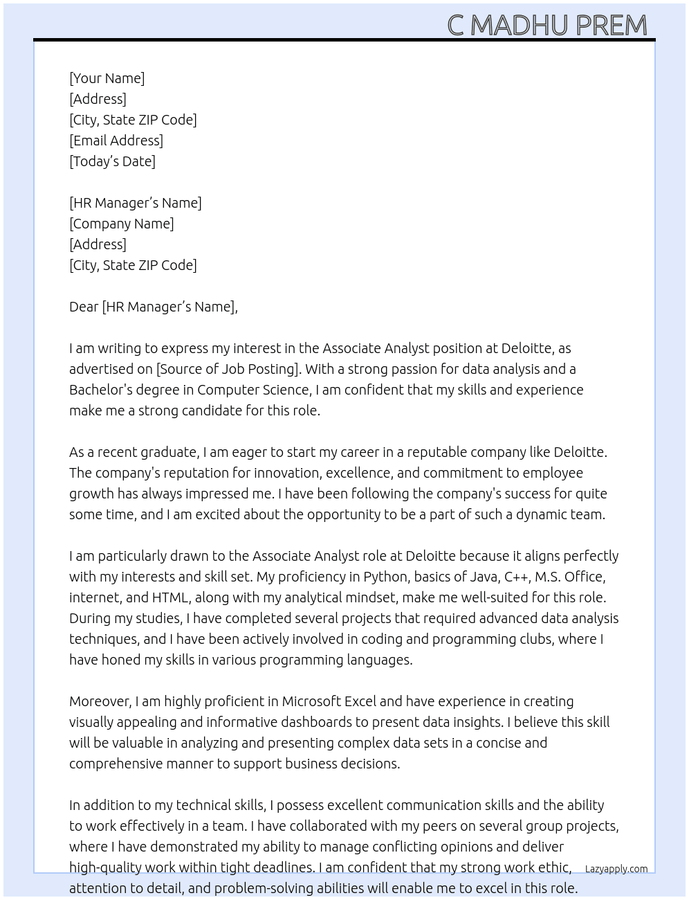 Associate analyst  At Deloitee Cover Letter