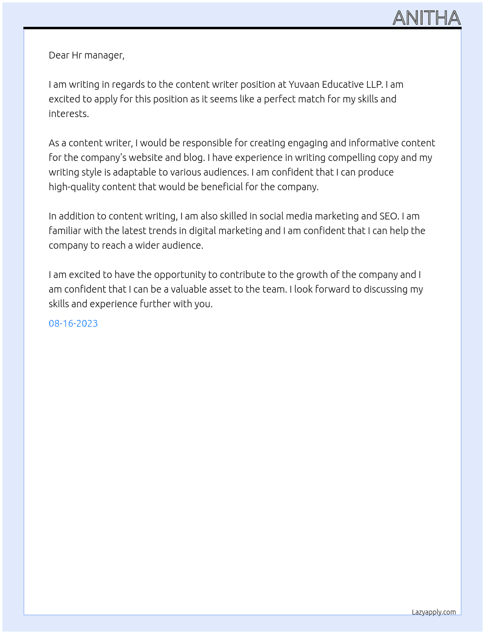 Content writer At Yuvaan Educative LLP Cover Letter