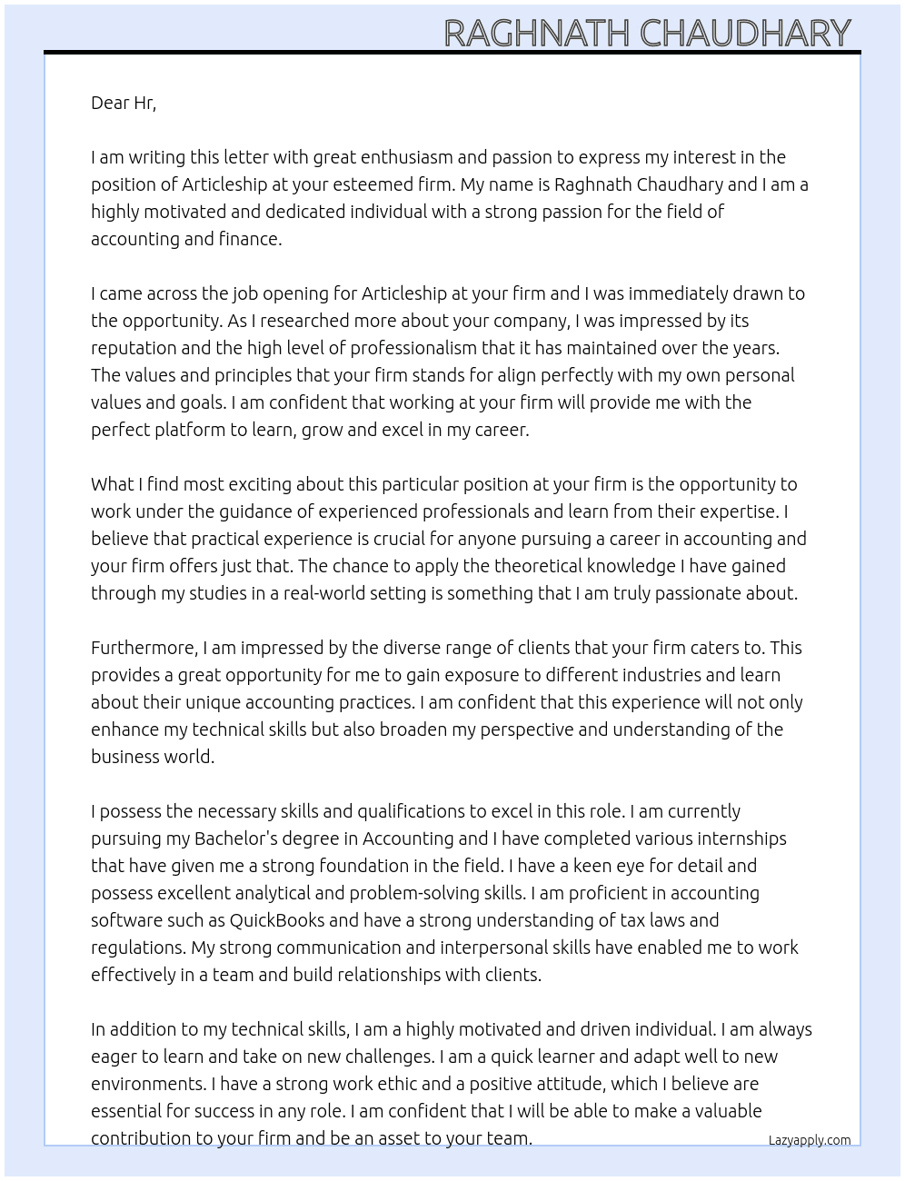 Articleship  At Firm Cover Letter