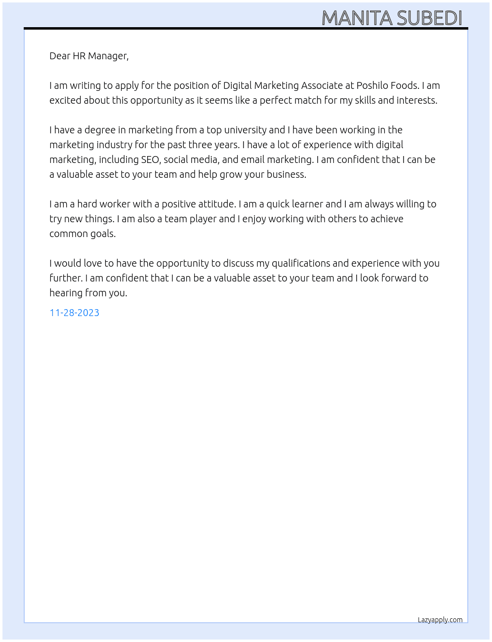 Digital marketing associate  At Poshilo foods Cover Letter