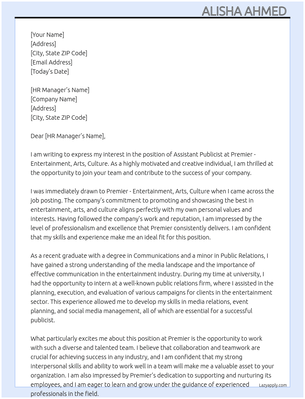Assistant Publicist  At Premier - Entertainment, Arts, Culture Cover Letter