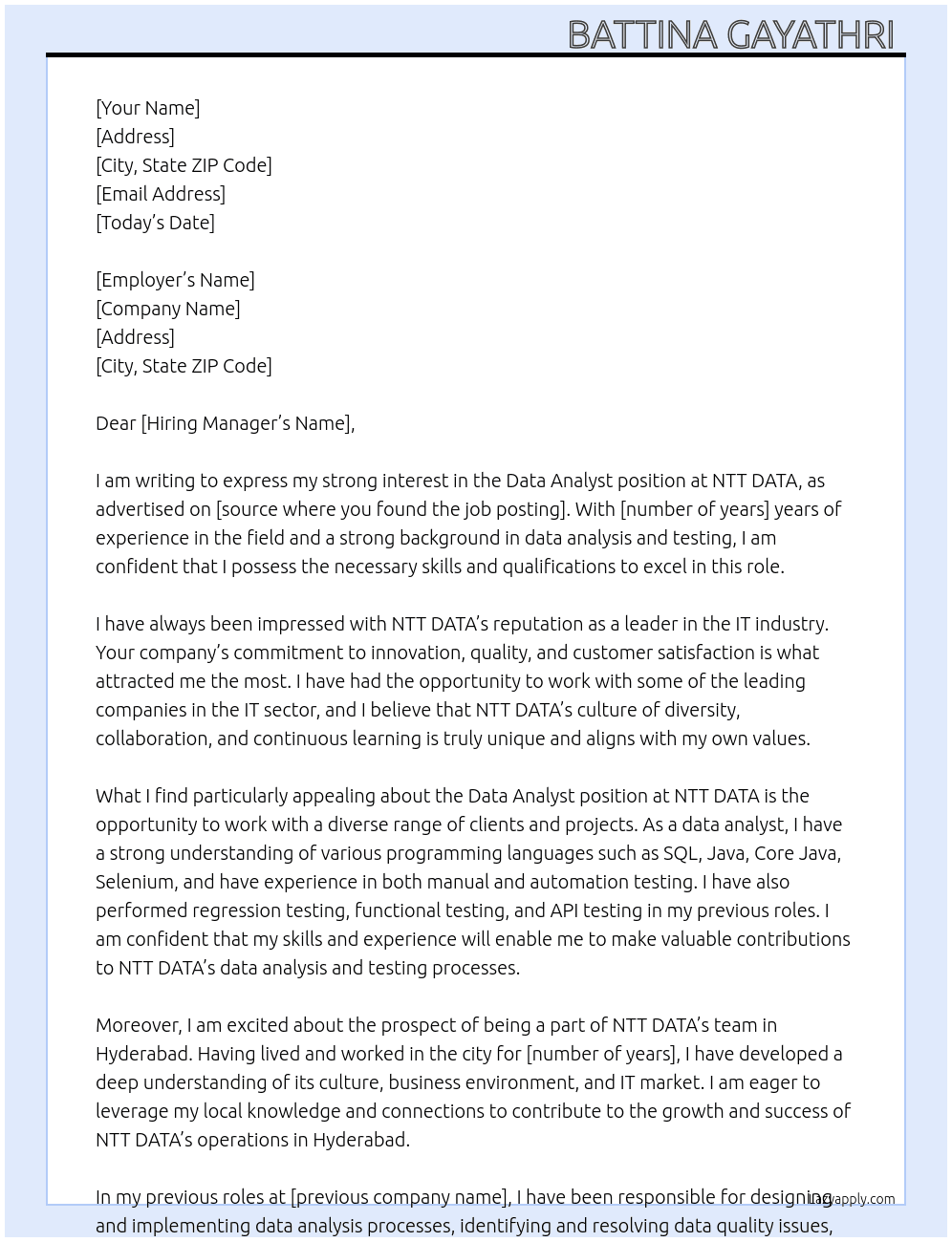 DATA ANYLIST  At NTT DATA  Cover Letter