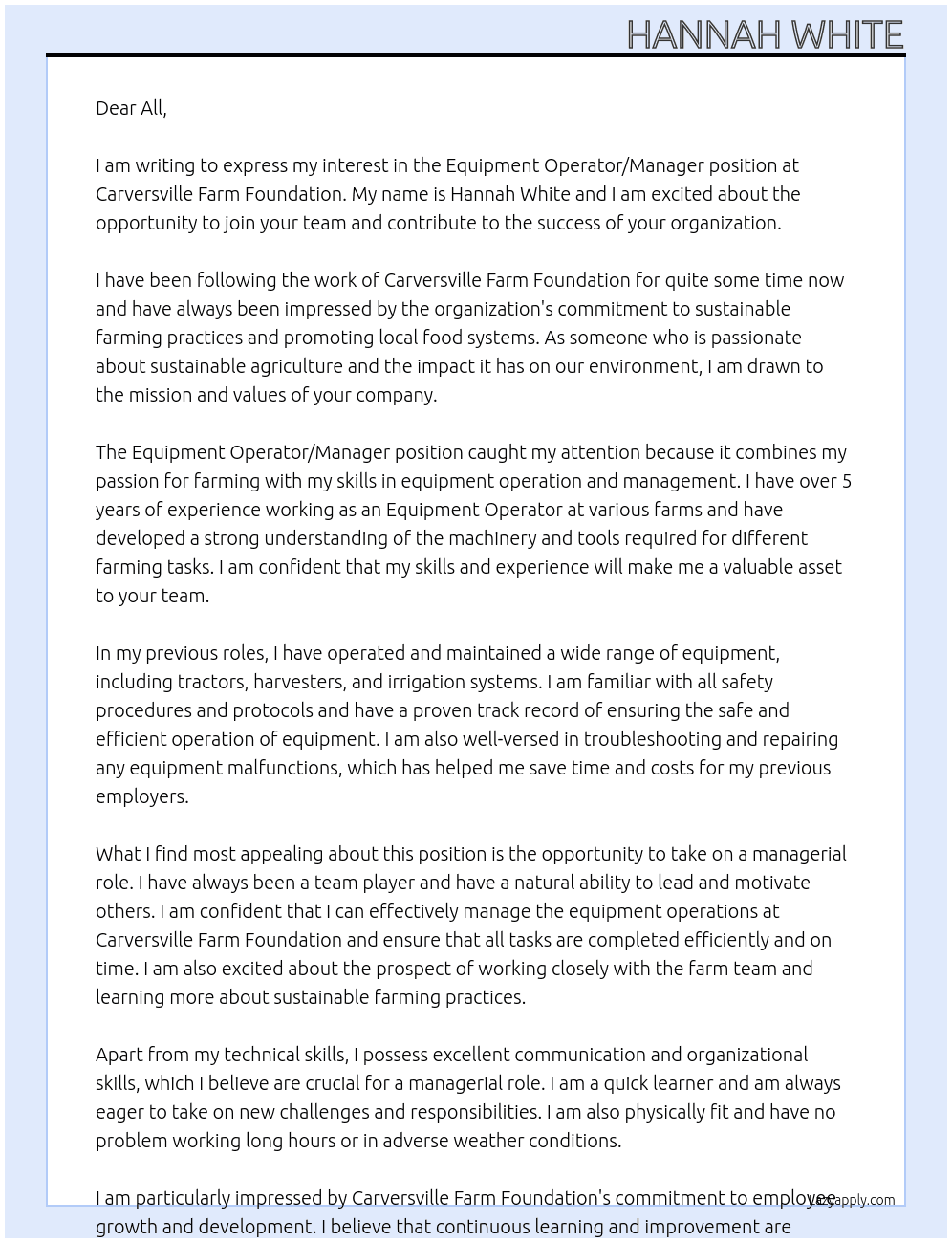 Equipment Operator / Manager At Carversville Farm Foundation Cover Letter