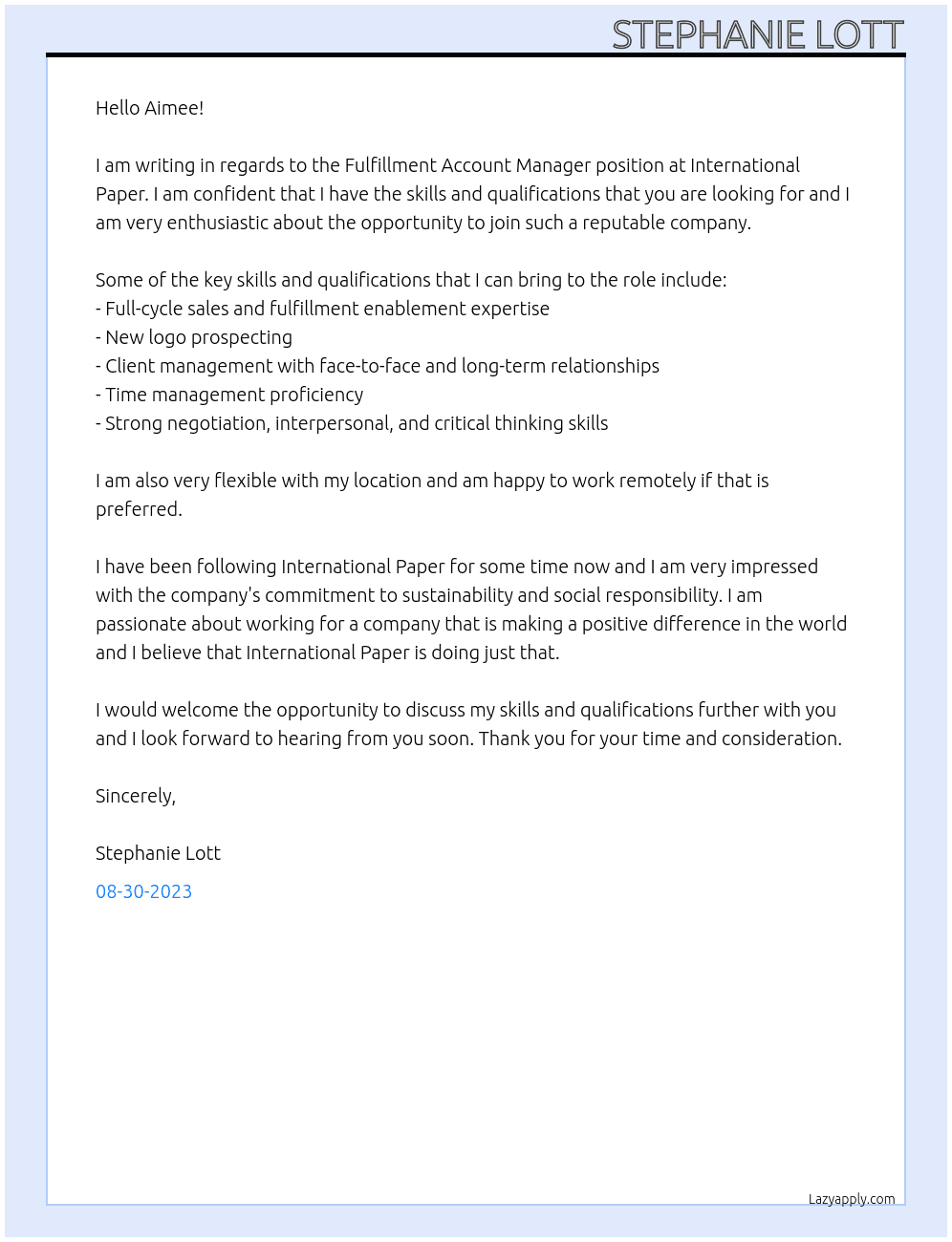 Fulfillment Account Manager At International Paper Cover Letter