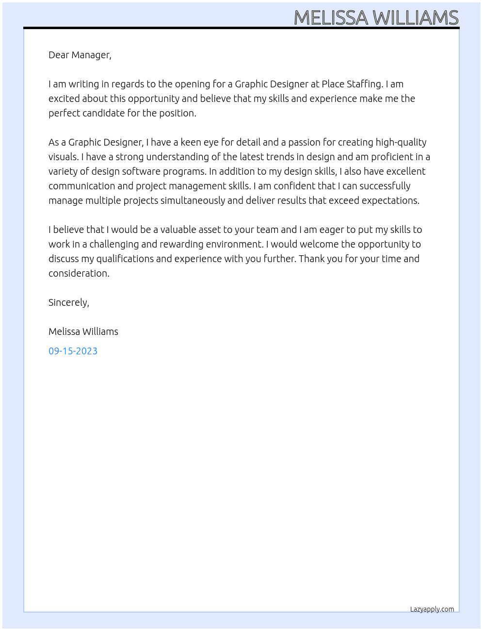 Graphic Designer At Place Staffing Cover Letter