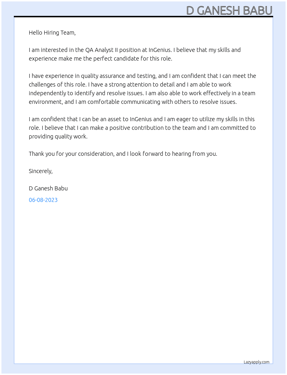 InGenius - QA Analyst II At Upland Cover Letter