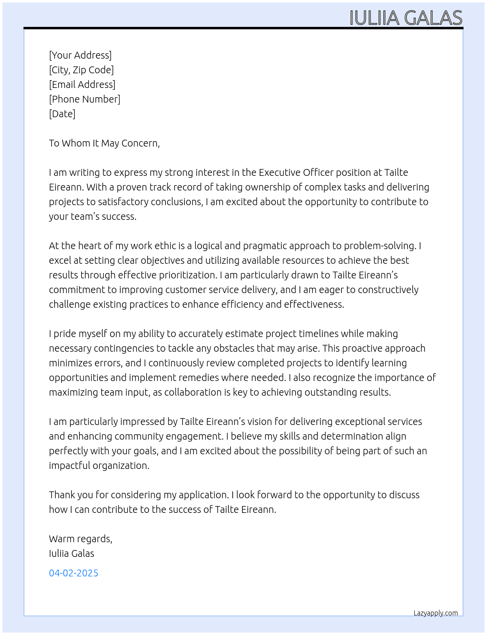 Executive Officer At Tailte Eireann  Cover Letter