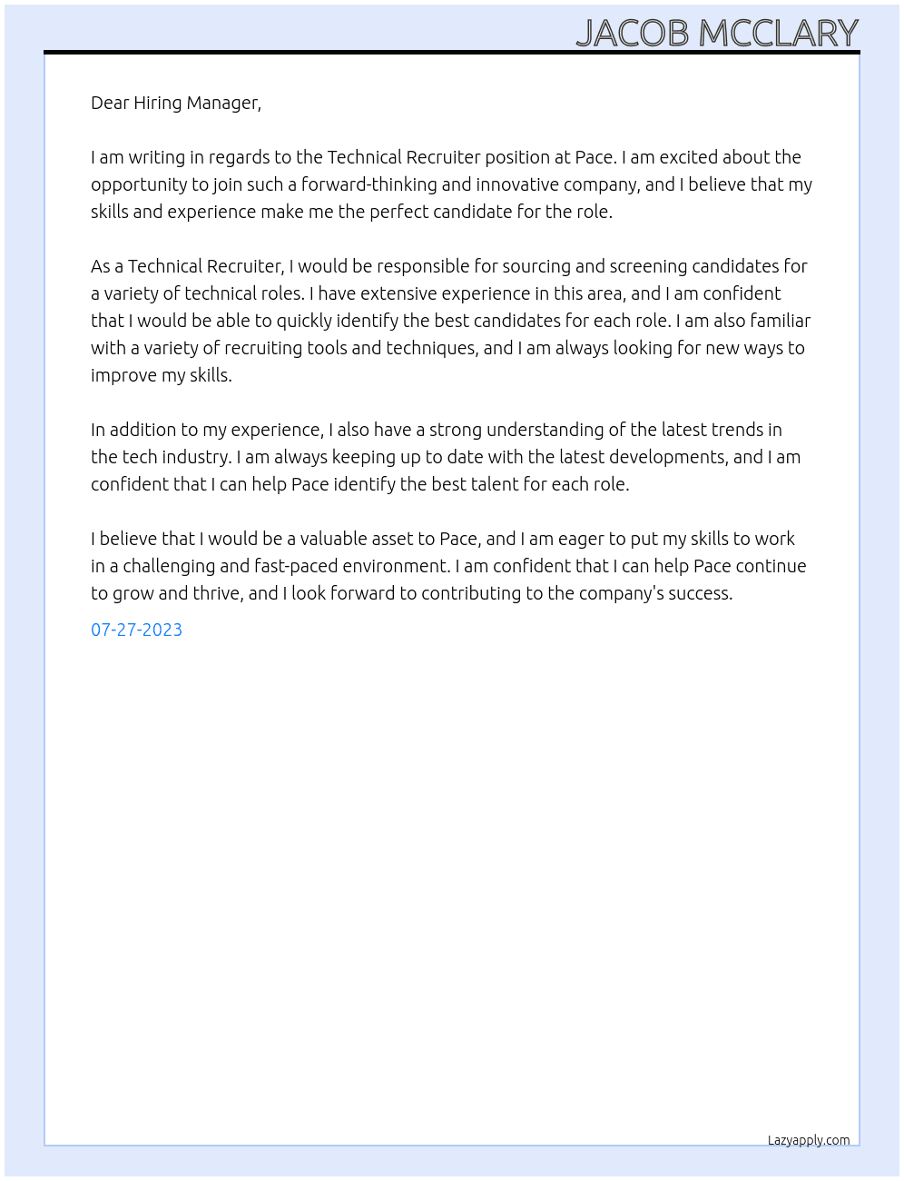 Technical Recruiter At Pace Cover Letter