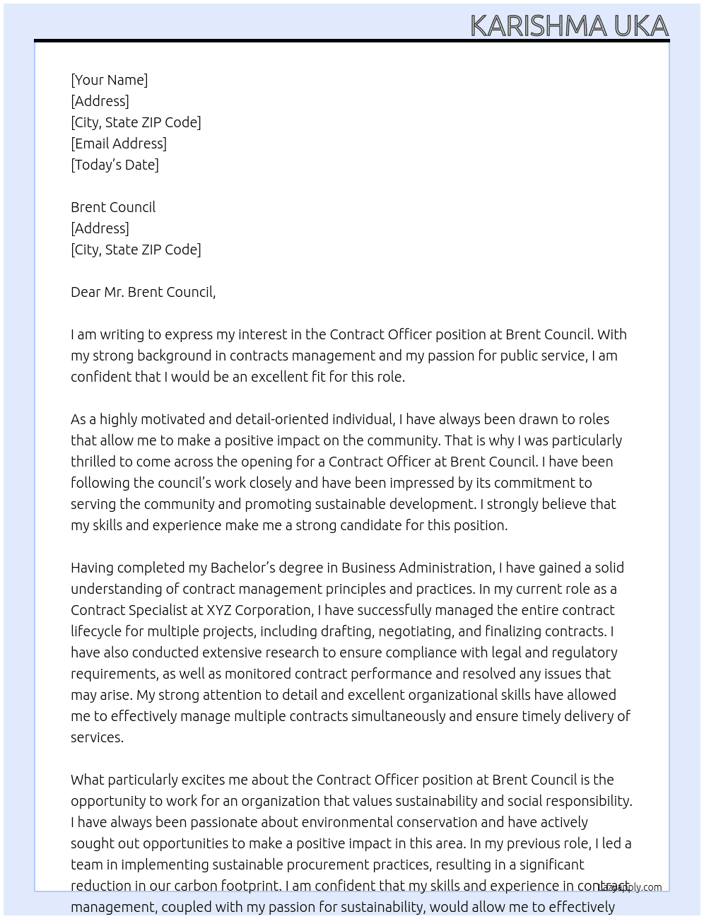 Contract Officer At Brent Council Cover Letter