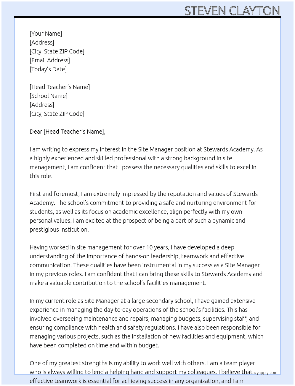 Site manager  At Stewards academy  Cover Letter