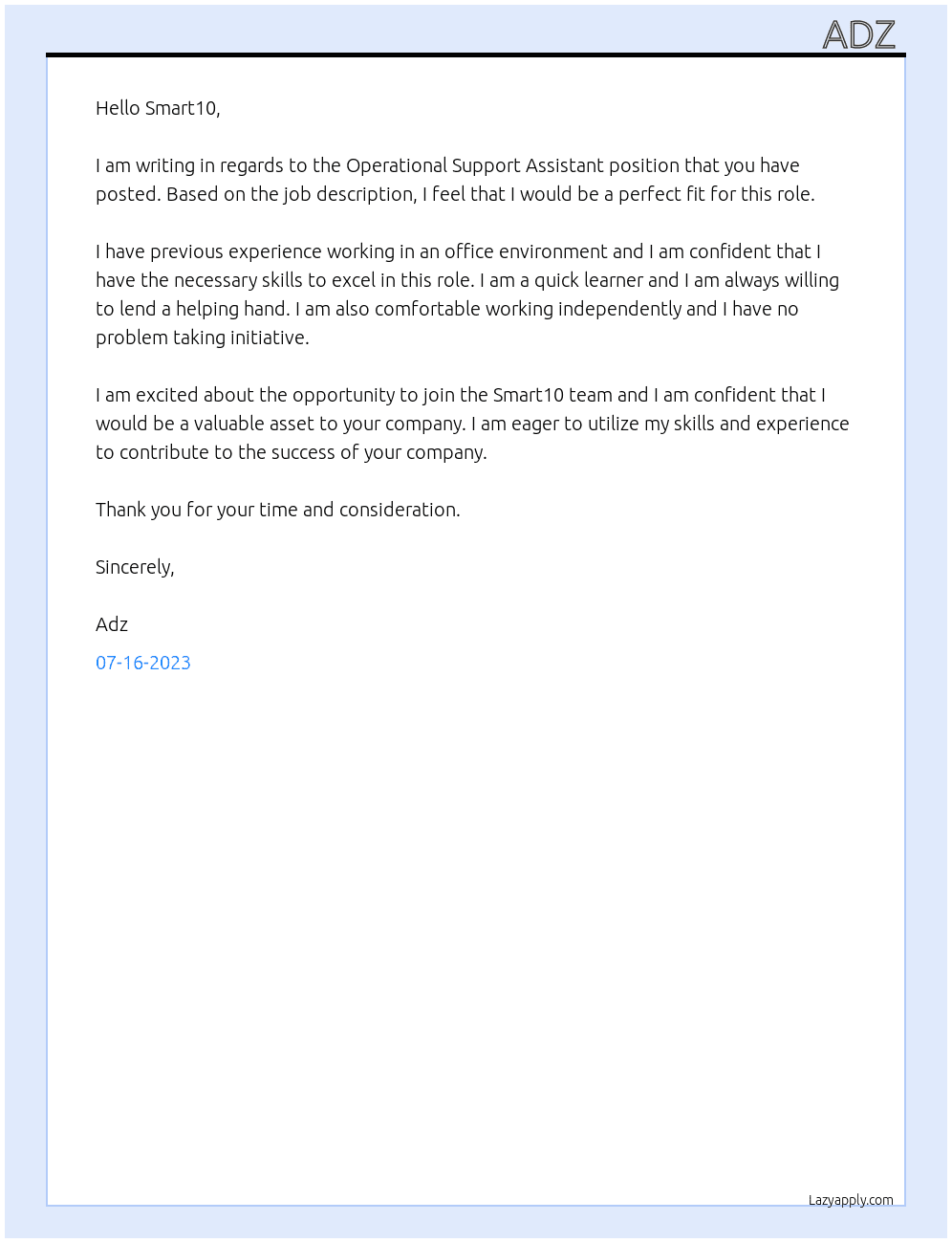 Operational Support Assistant  At Smart10 Cover Letter
