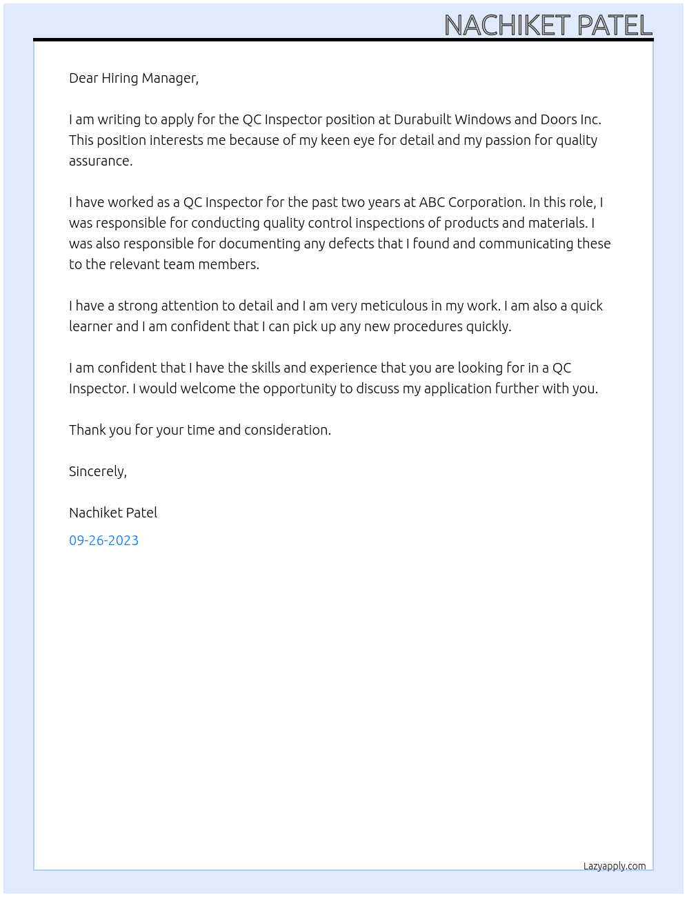 QC Inspector At Durabuilt Windows and Doors Inc Cover Letter
