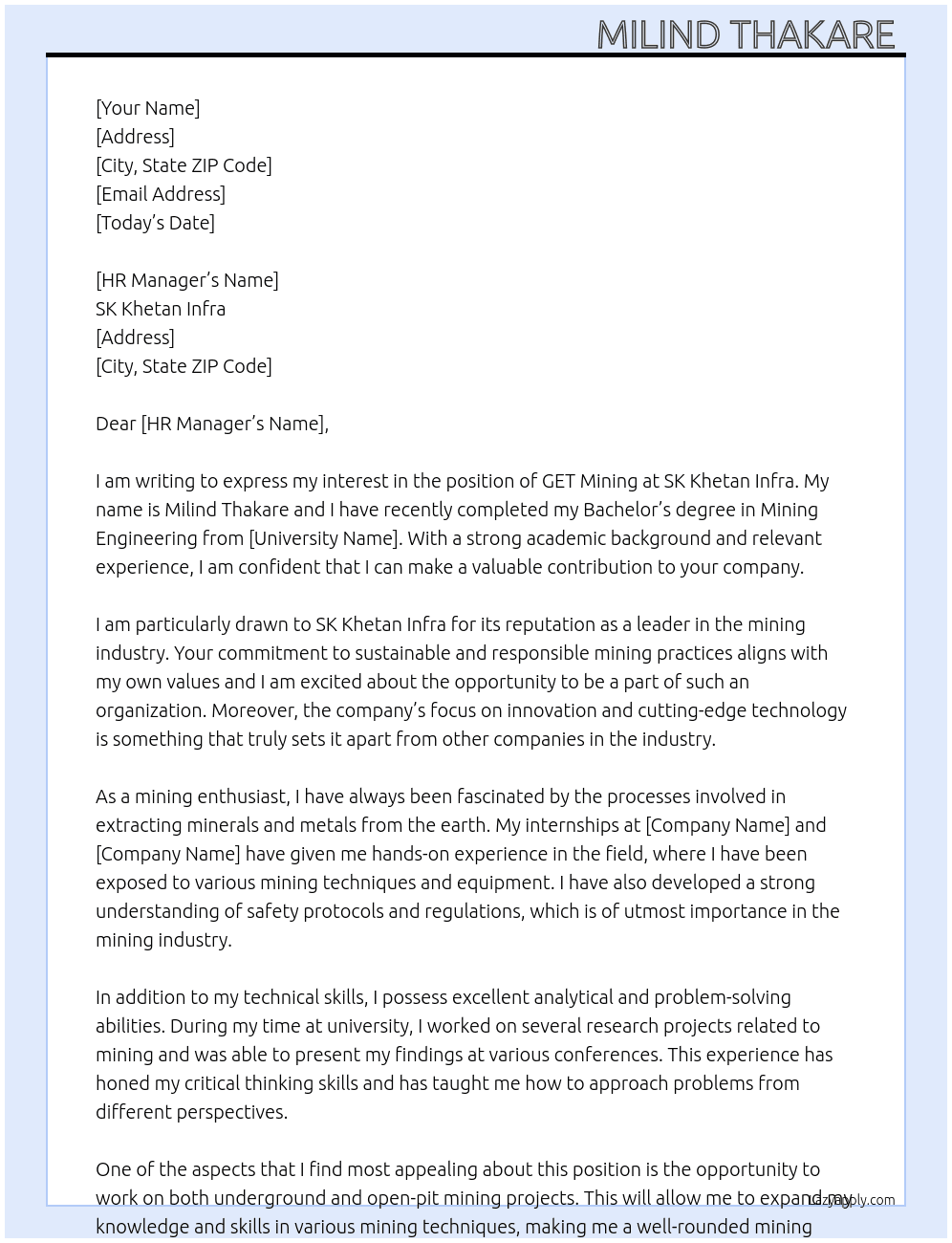 GET Mining At SK Khetan infra Cover Letter