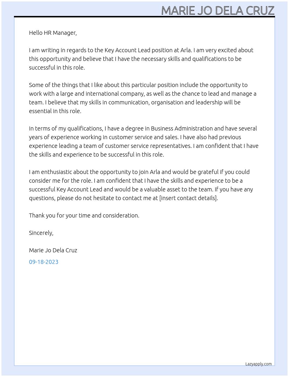 Key Account Lead At Arla Cover Letter
