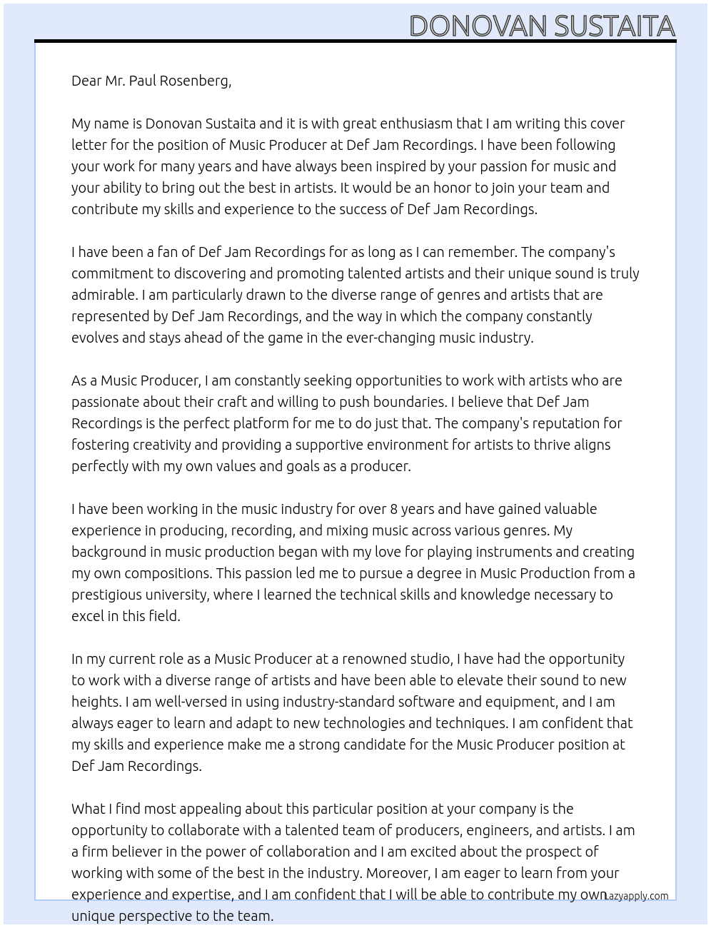 Music Producer At Def Jam Recordings Cover Letter