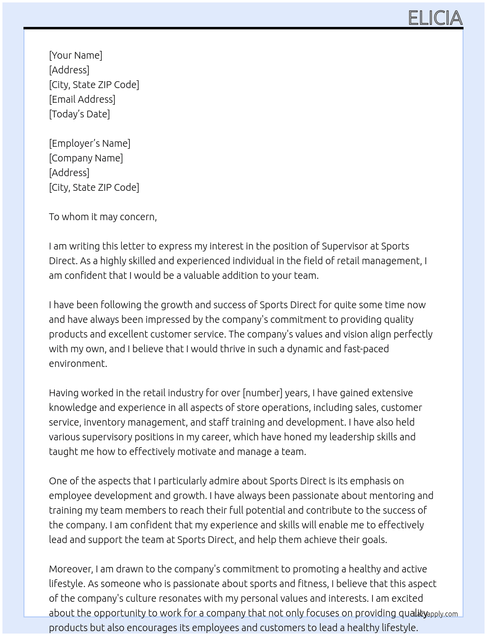 Supervisor At Sports Direct Cover Letter