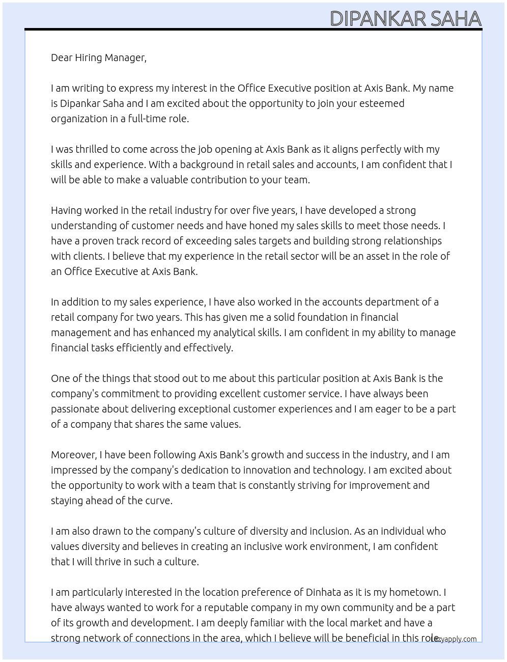 Office executive  At Axis bank Cover Letter