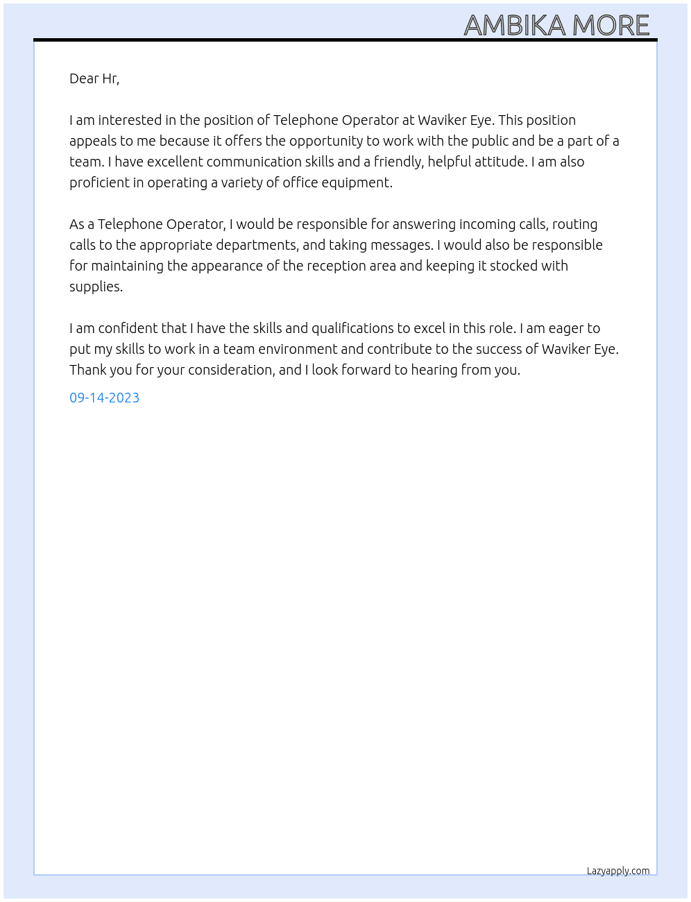 Telephone Operator  At Waviker Eye Cover Letter