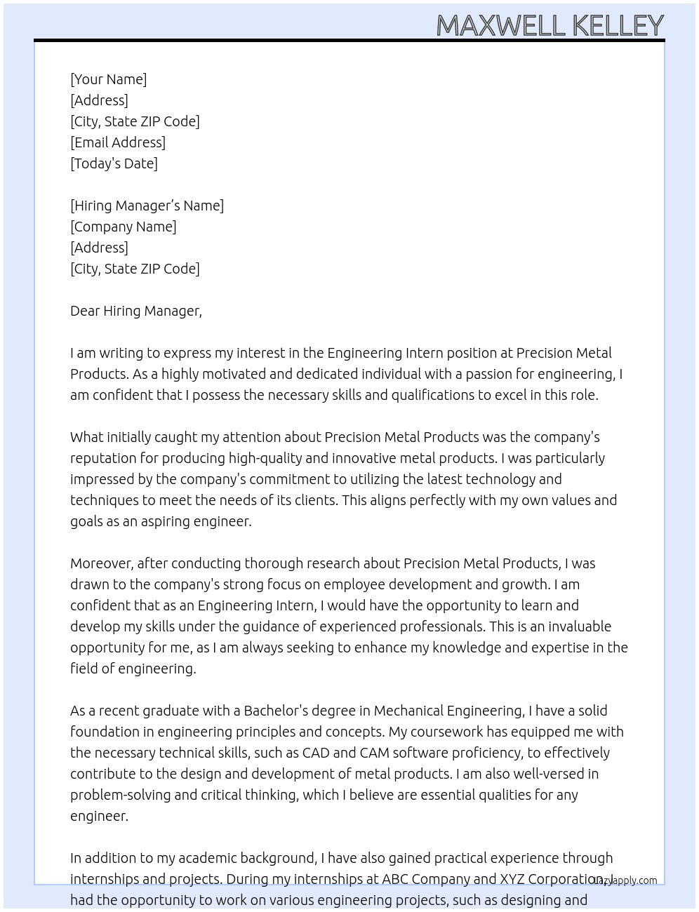 Engineering Intern At Precision Metal Products Cover Letter