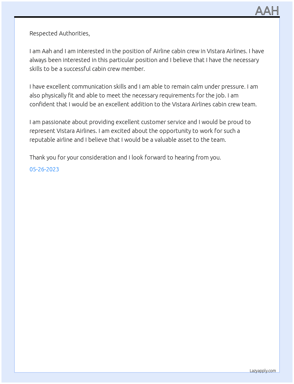 Airline cabin crew At Vistara Airlines Cover Letter