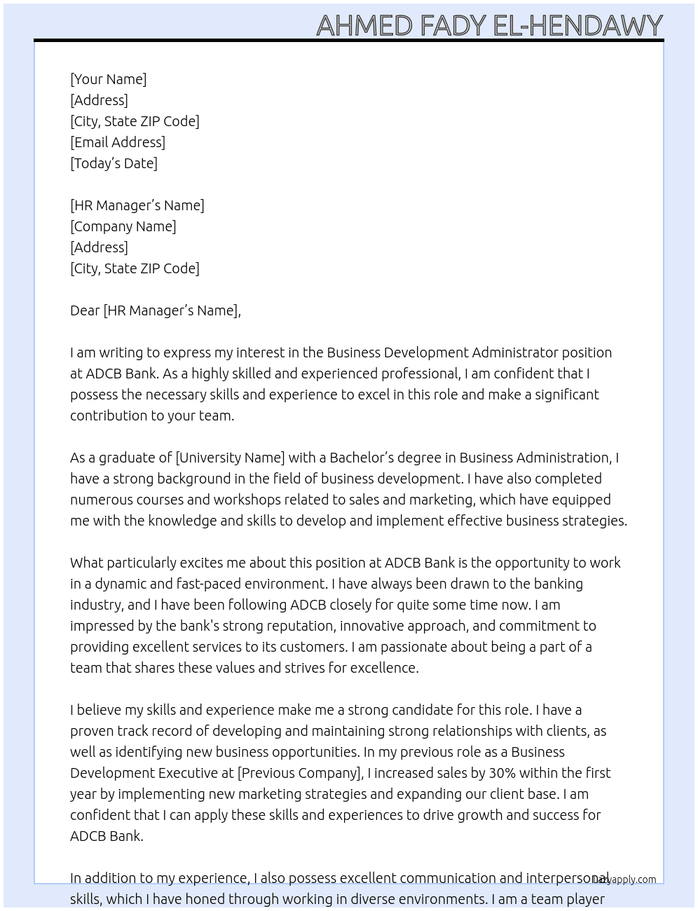 Business Development Administrator At ADCB Bank Cover Letter