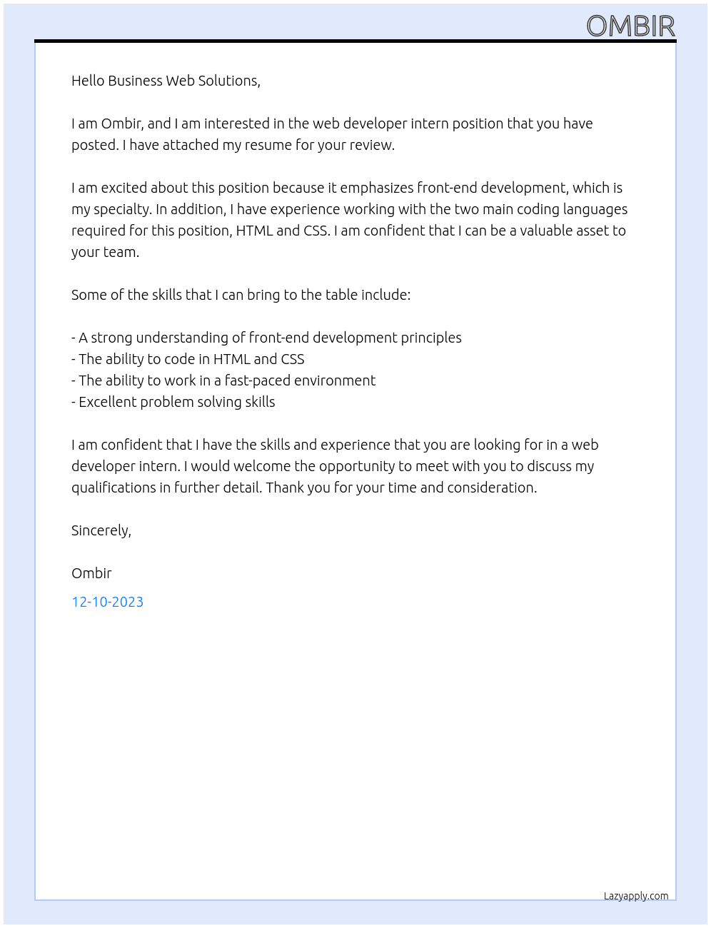 Web Developer Intern At Business Web Solutions Cover Letter