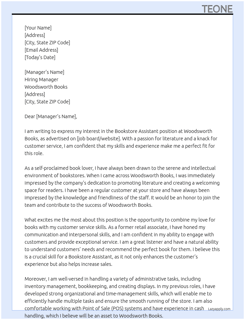 Bookstore Assistant At Woodsworth Books Cover Letter