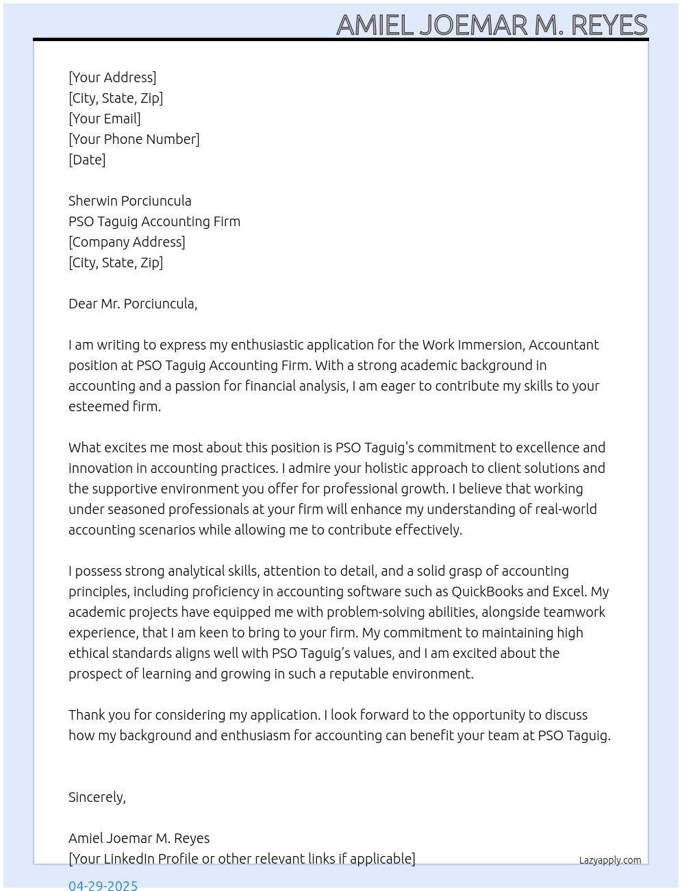 Work Immersion, Accountant At PSO Taguig Accounting Firm Cover Letter