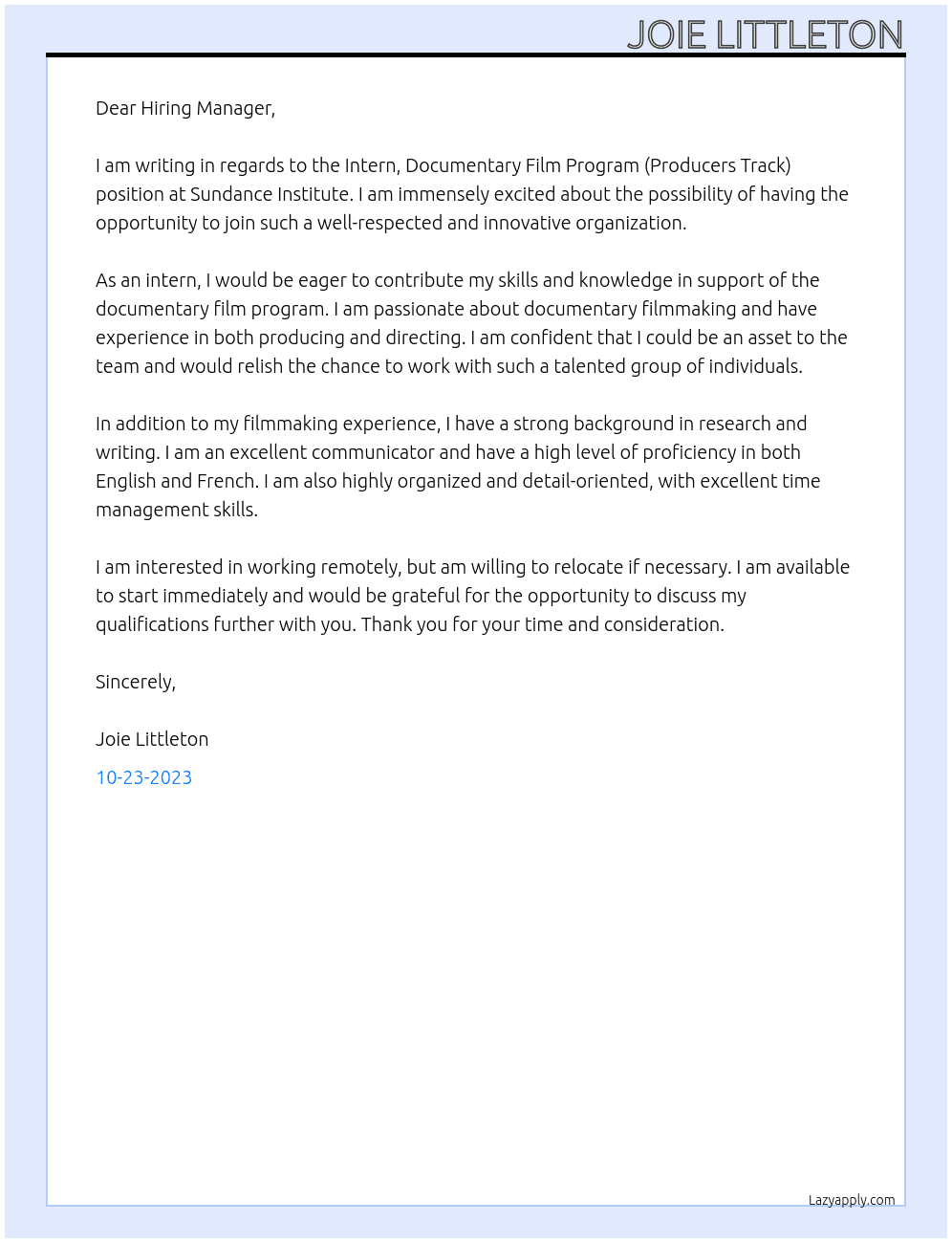 Intern, Documentary Film Program (Producers Track) At Sundance Institute Cover Letter