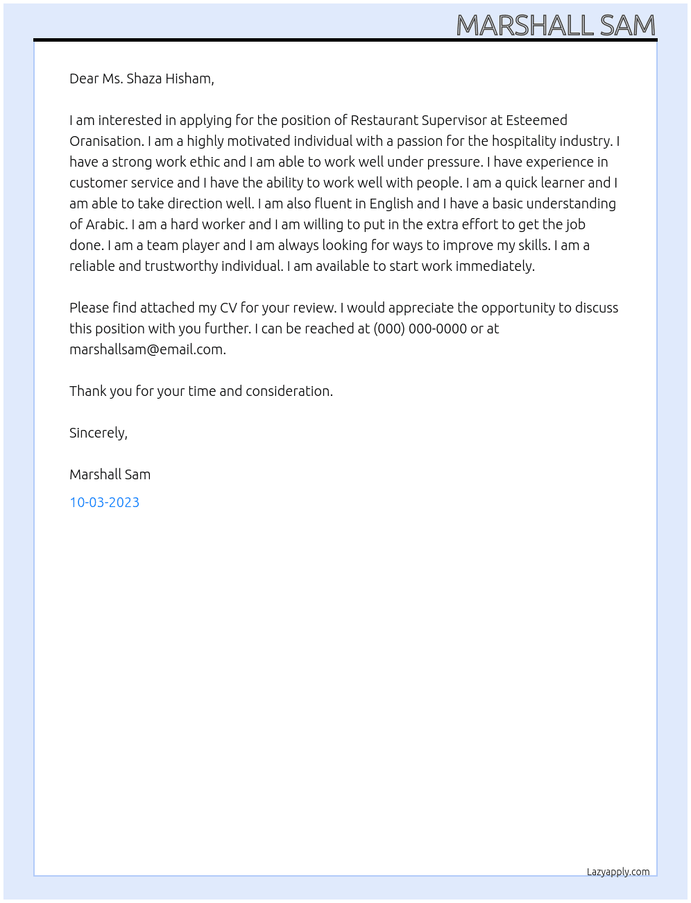 Restaurant Supervisor At Esteemed Oranisation Cover Letter