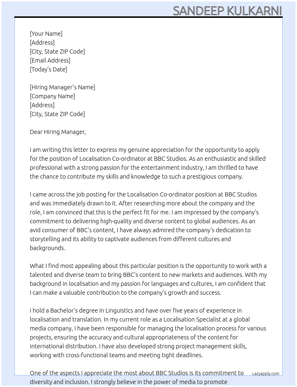 Localisation Co-ordinator At BBC Studios Cover Letter