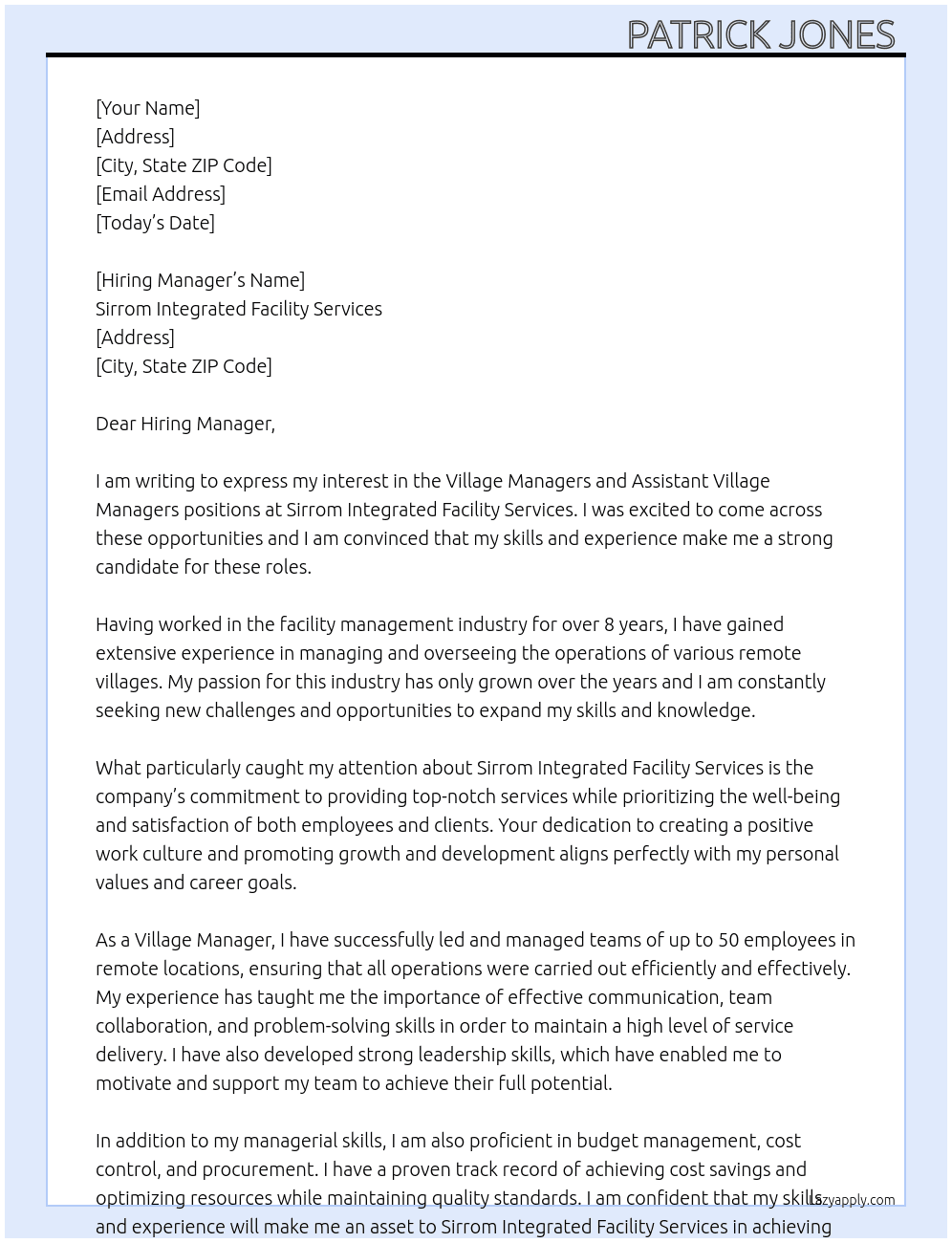 Village Managers and Assistant Village Managers  At Sirrom Integrated Facility Services  Cover Letter