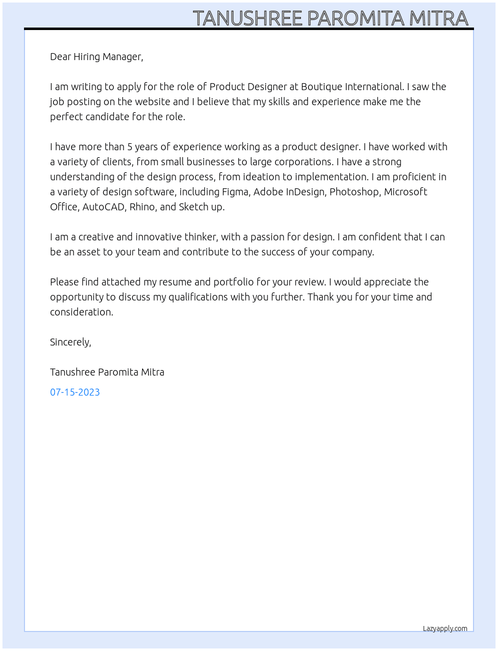 Product Designer At Boutique International Cover Letter