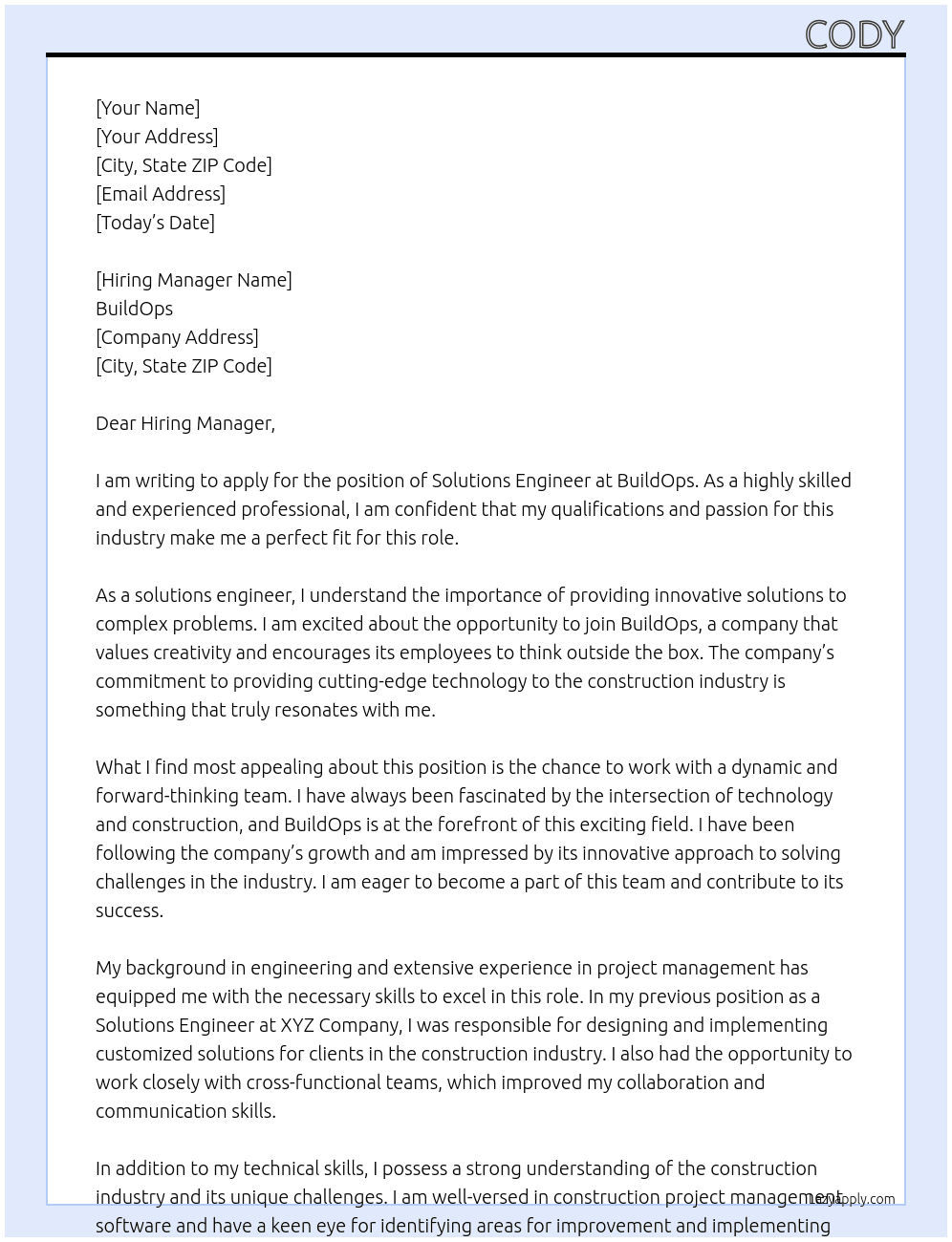 Solutions Engineer At BuildOps Cover Letter