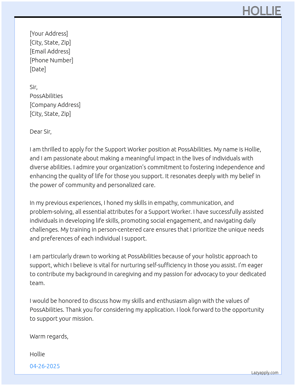 Support worker At PossAbilities Cover Letter