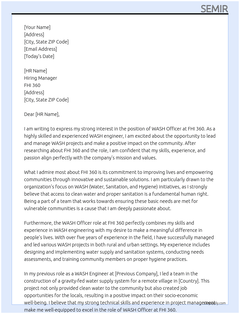 WASH Officer  At FHI 360 Cover Letter