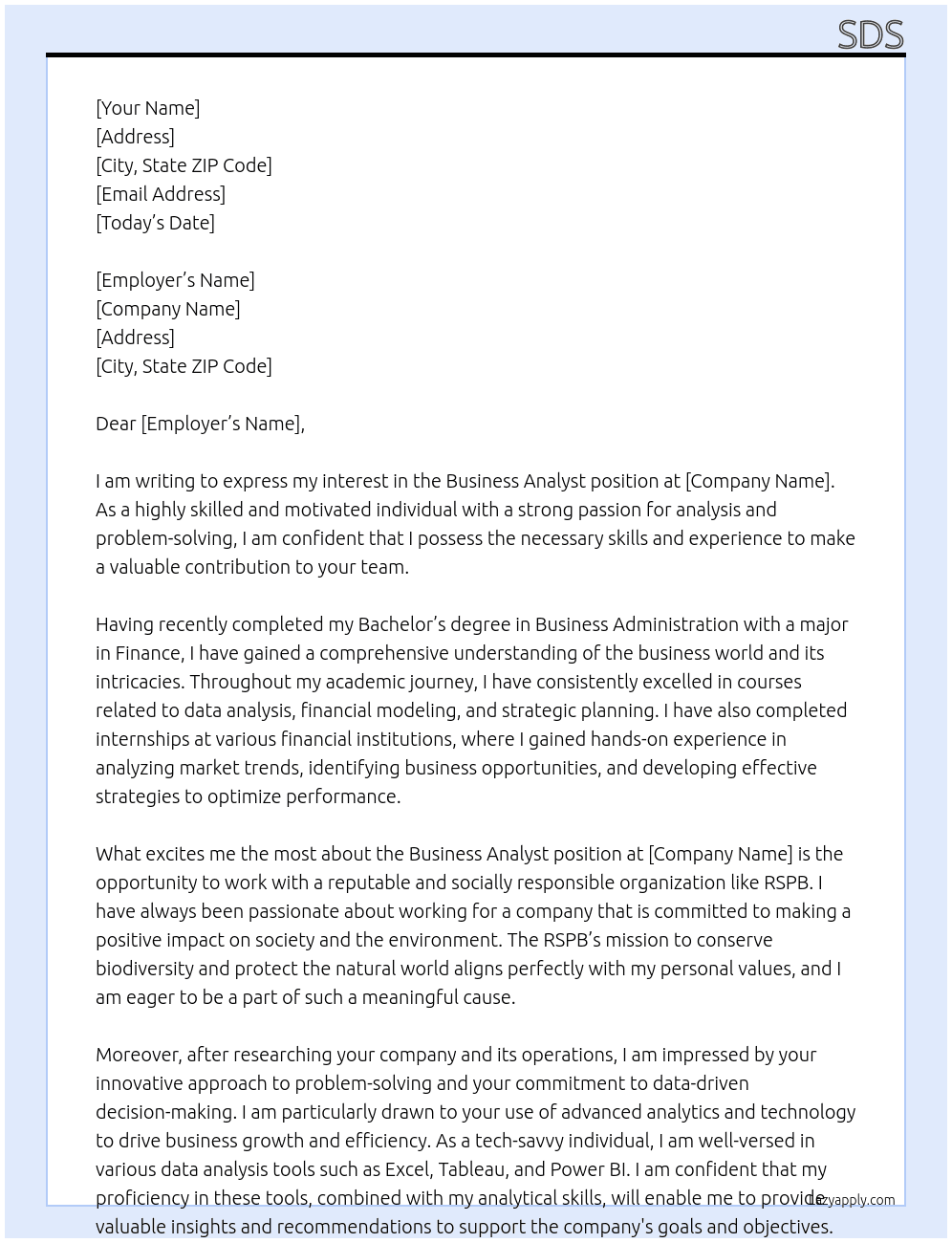 business analyst At rspb Cover Letter