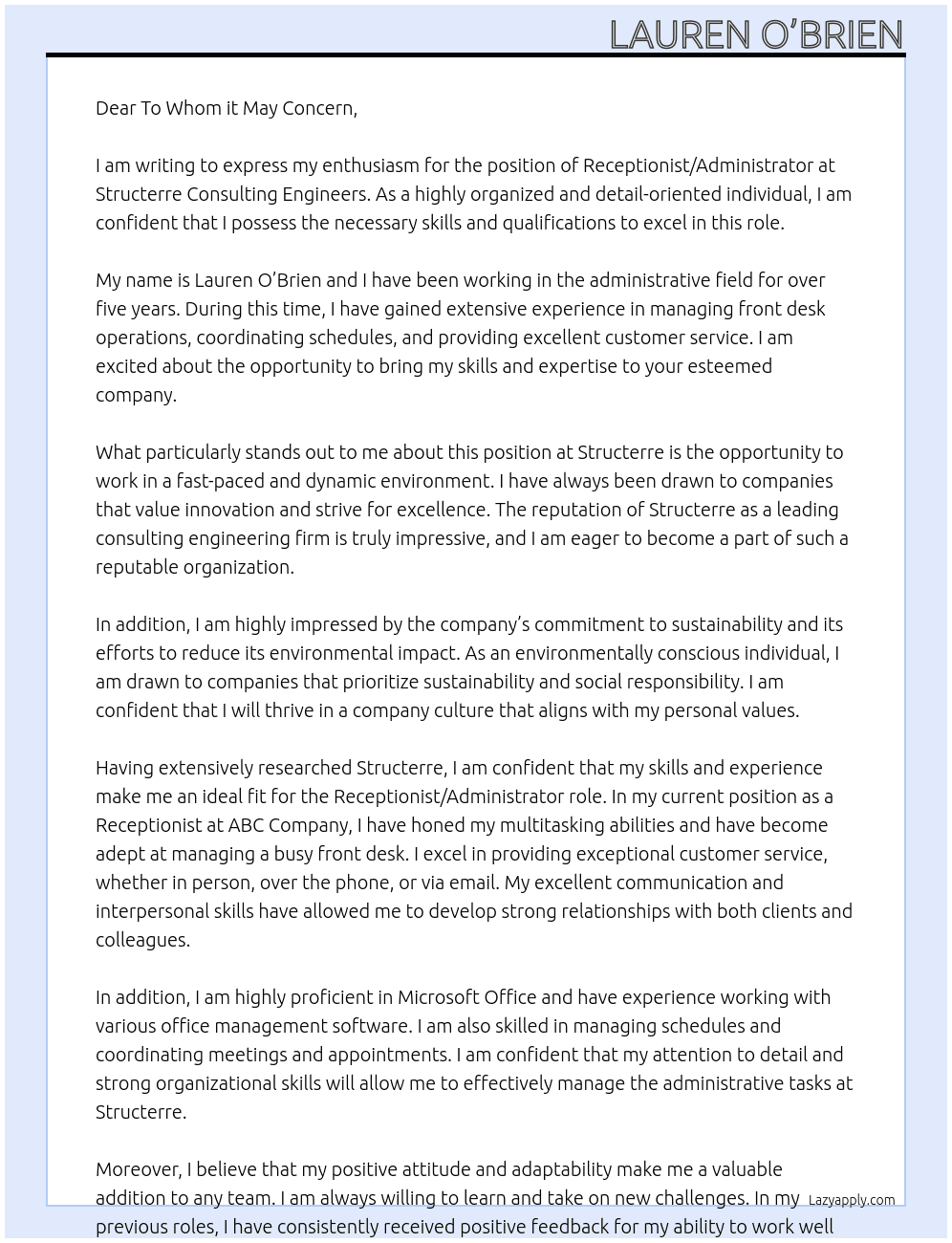 Receptionist / Administrator At Structerre Consulting Engineers  Cover Letter