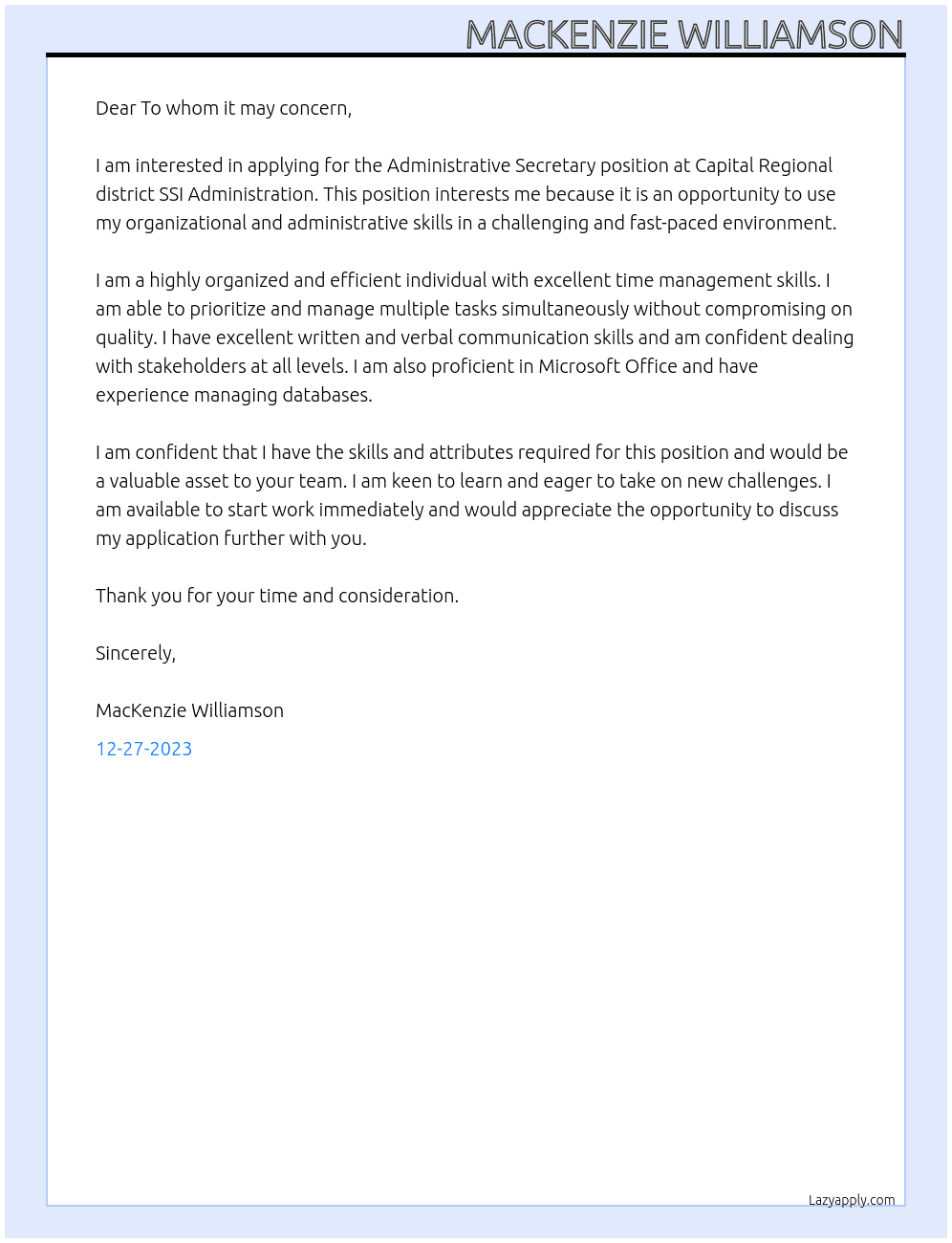 Administrative Secretary  At Capital Regional district SSI Administration  Cover Letter