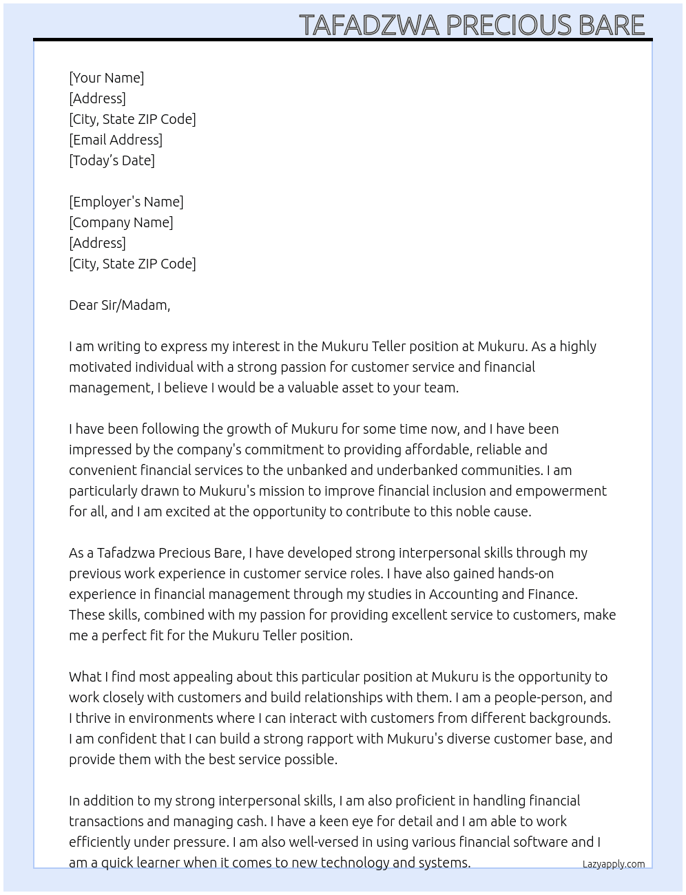 Mukuru teller At Mukuru Cover Letter