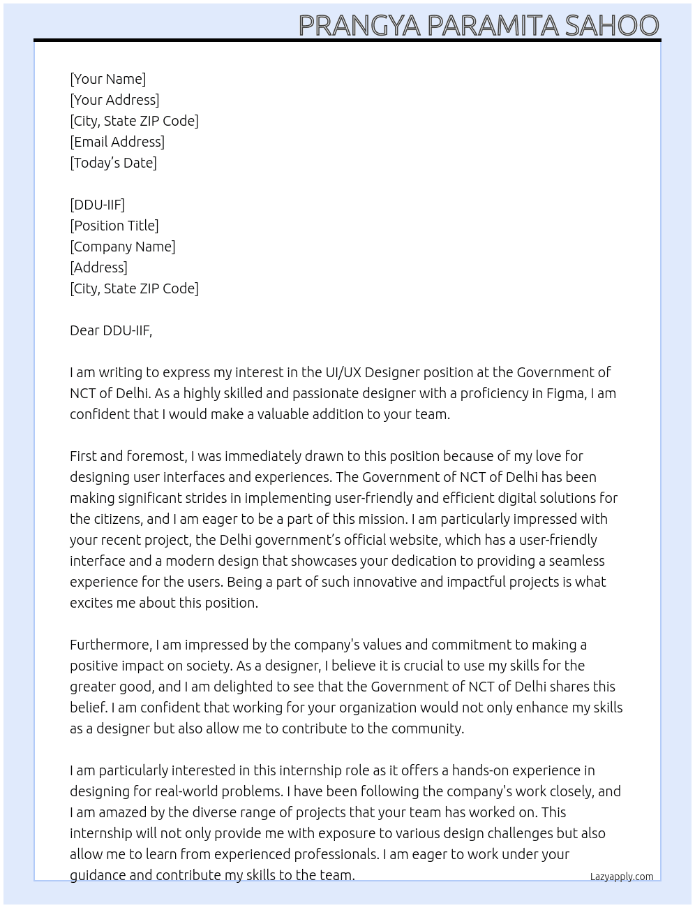 ui,ux desginer At goverment of NCT of Delhi Cover Letter