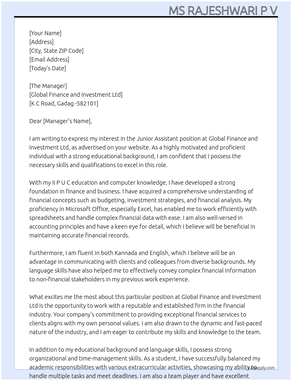 Junior Assistant At Global Finance and investment Ltd. Cover Letter